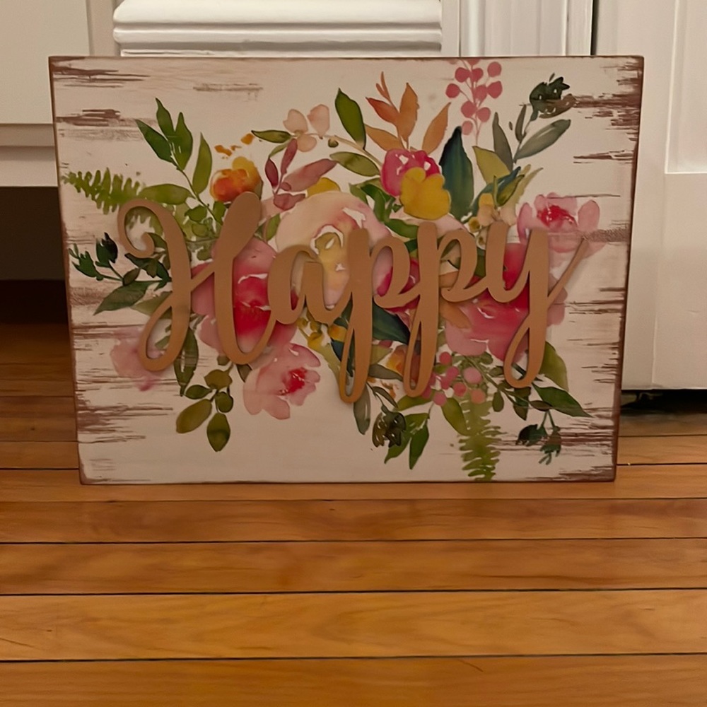 “Happy” floral decor wooden sign